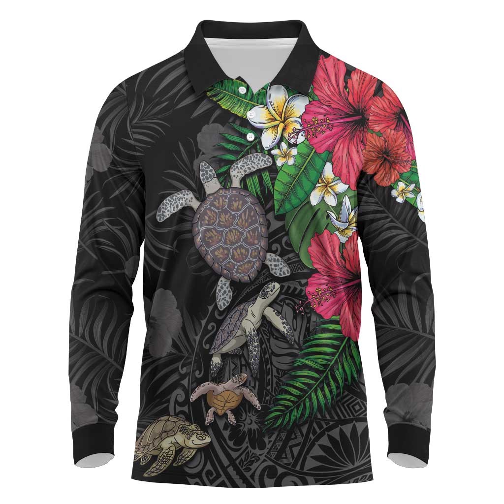 Hawaiian Tropical Plants and Turtles Long Sleeve Polo Shirt Polynesian Art Motifs LT03 Black - Polynesian Pride