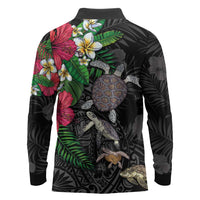 Hawaiian Tropical Plants and Turtles Long Sleeve Polo Shirt Polynesian Art Motifs LT03 - Polynesian Pride