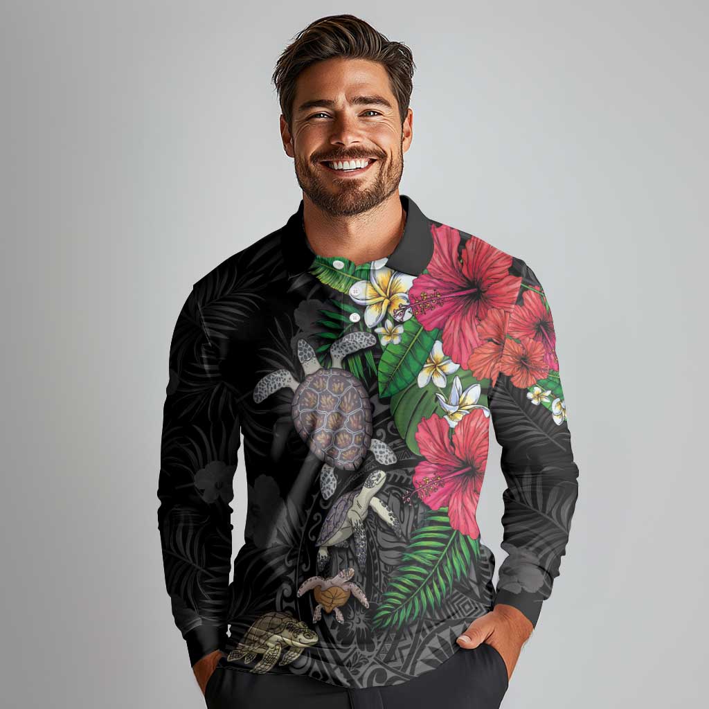 Hawaiian Tropical Plants and Turtles Long Sleeve Polo Shirt Polynesian Art Motifs LT03 - Polynesian Pride