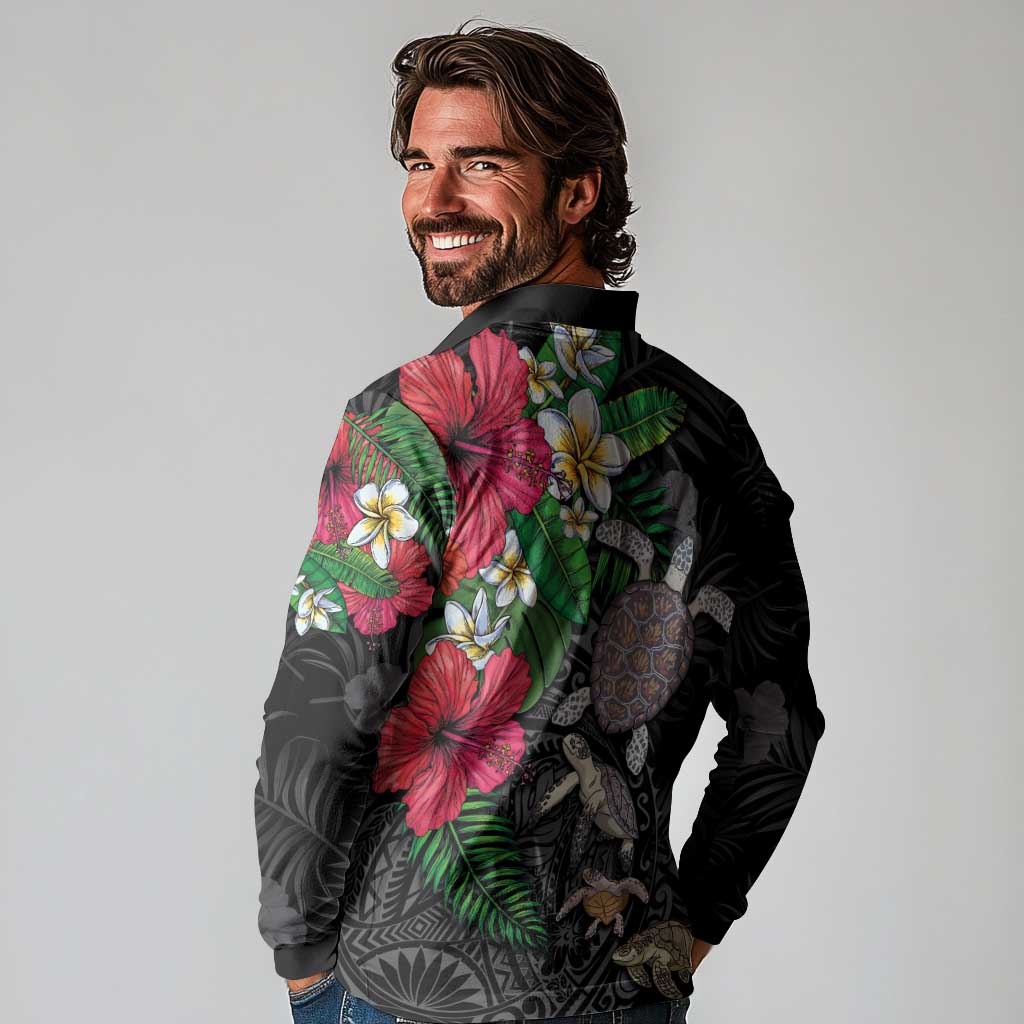 Hawaiian Tropical Plants and Turtles Long Sleeve Polo Shirt Polynesian Art Motifs LT03 - Polynesian Pride