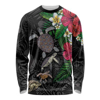 Hawaiian Tropical Plants and Turtles Long Sleeve Shirt Polynesian Art Motifs LT03 Unisex Black - Polynesian Pride