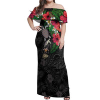 Hawaiian Tropical Plants and Turtles Off Shoulder Maxi Dress Polynesian Art Motifs