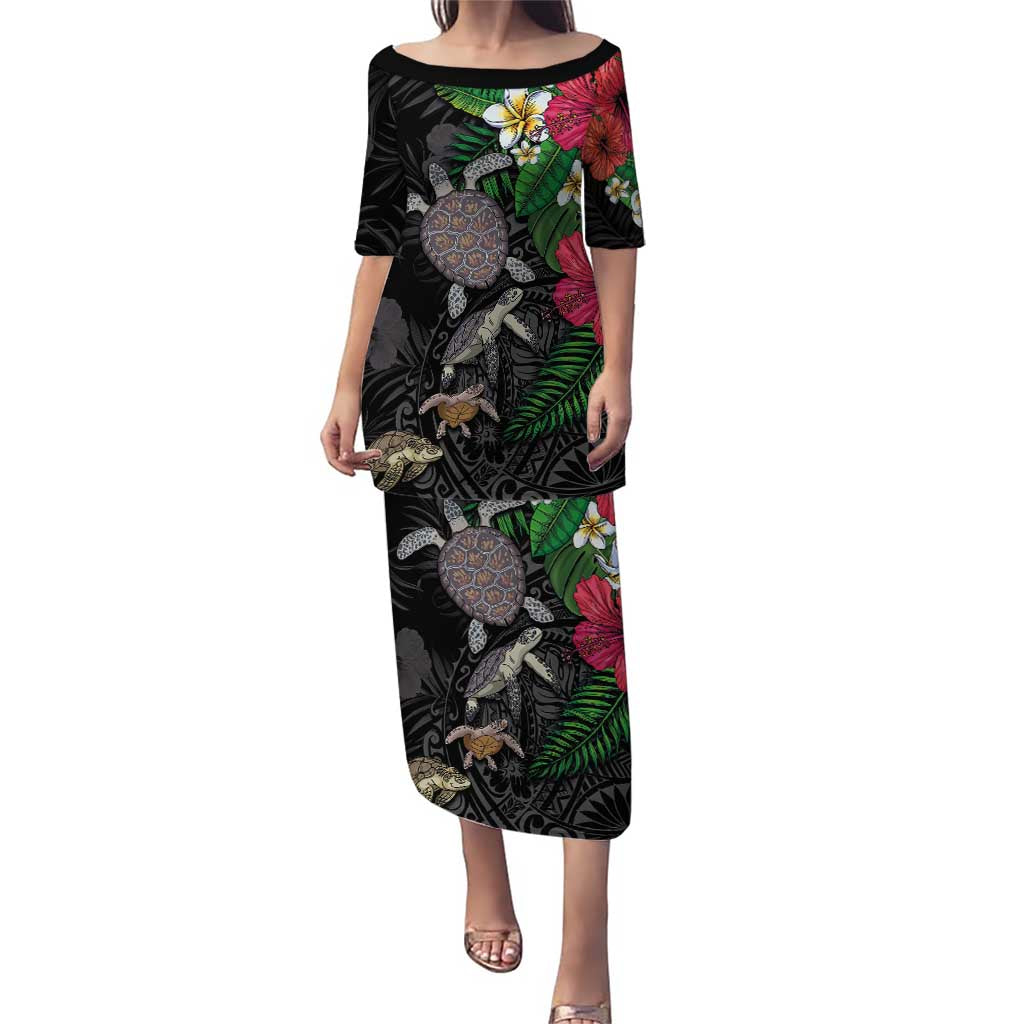 Hawaiian Tropical Plants and Turtles Puletasi Polynesian Art Motifs LT03 Long Dress Black - Polynesian Pride