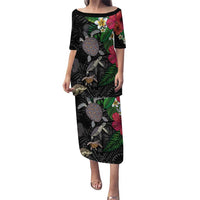 Hawaiian Tropical Plants and Turtles Puletasi Polynesian Art Motifs LT03 Long Dress Black - Polynesian Pride