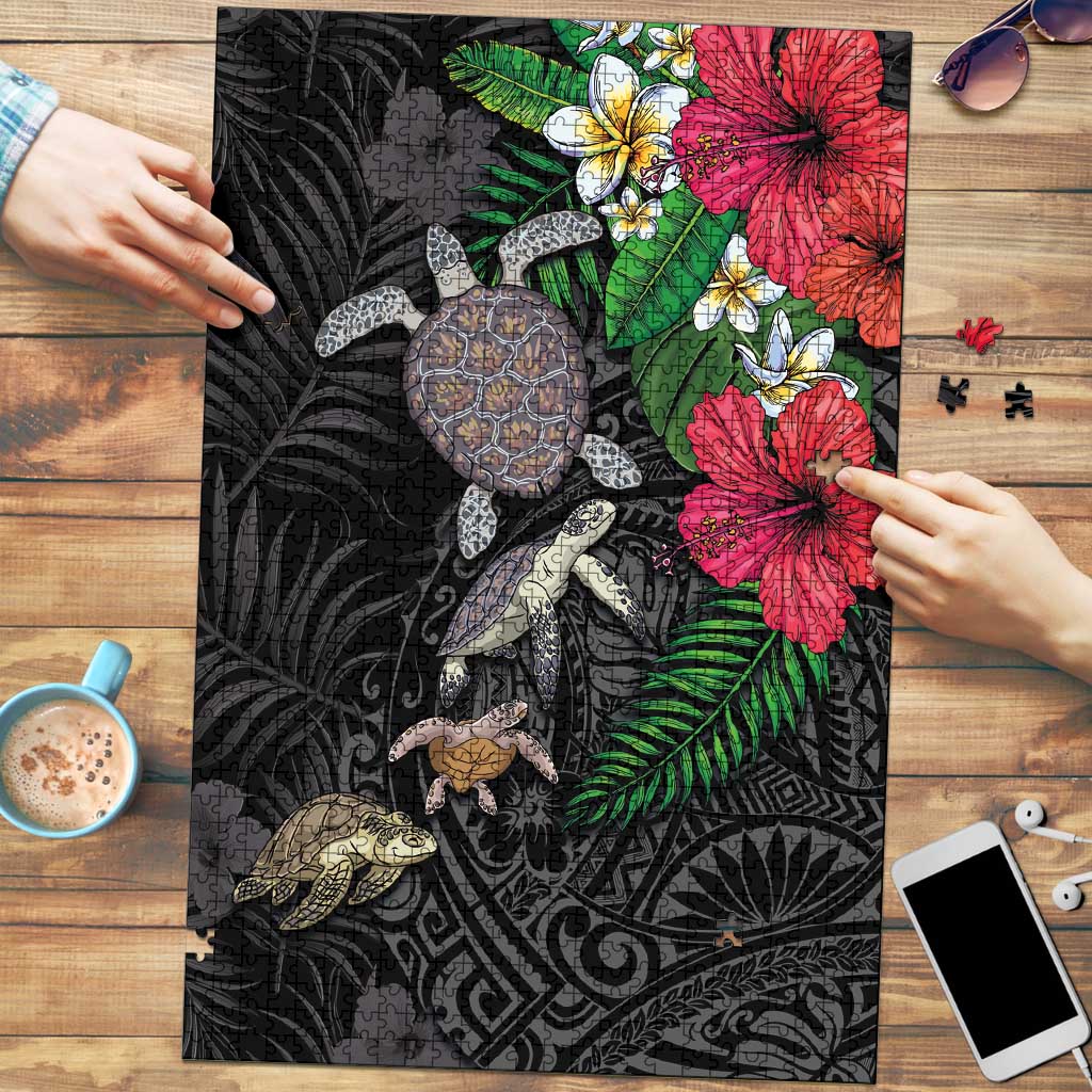 Hawaiian Tropical Plants and Turtles Puzzle Polynesian Art Motifs LT03 Black - Polynesian Pride
