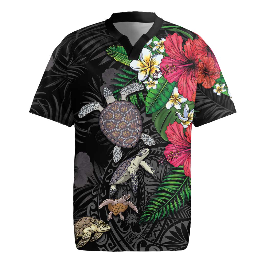 Hawaiian Tropical Plants and Turtles Rugby Jersey Polynesian Art Motifs