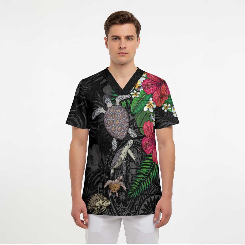 Hawaiian Tropical Plants and Turtles Scrub Top Polynesian Art Motifs