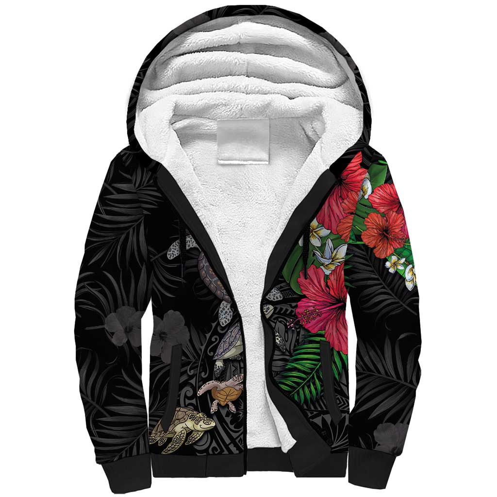 Hawaiian Tropical Plants and Turtles Sherpa Hoodie Polynesian Art Motifs