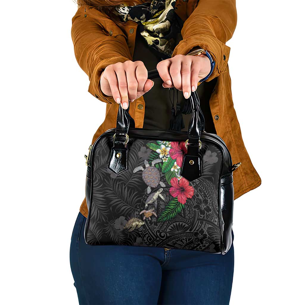 Hawaiian Tropical Plants and Turtles Shoulder Handbag Polynesian Art Motifs LT03 One Size Black - Polynesian Pride