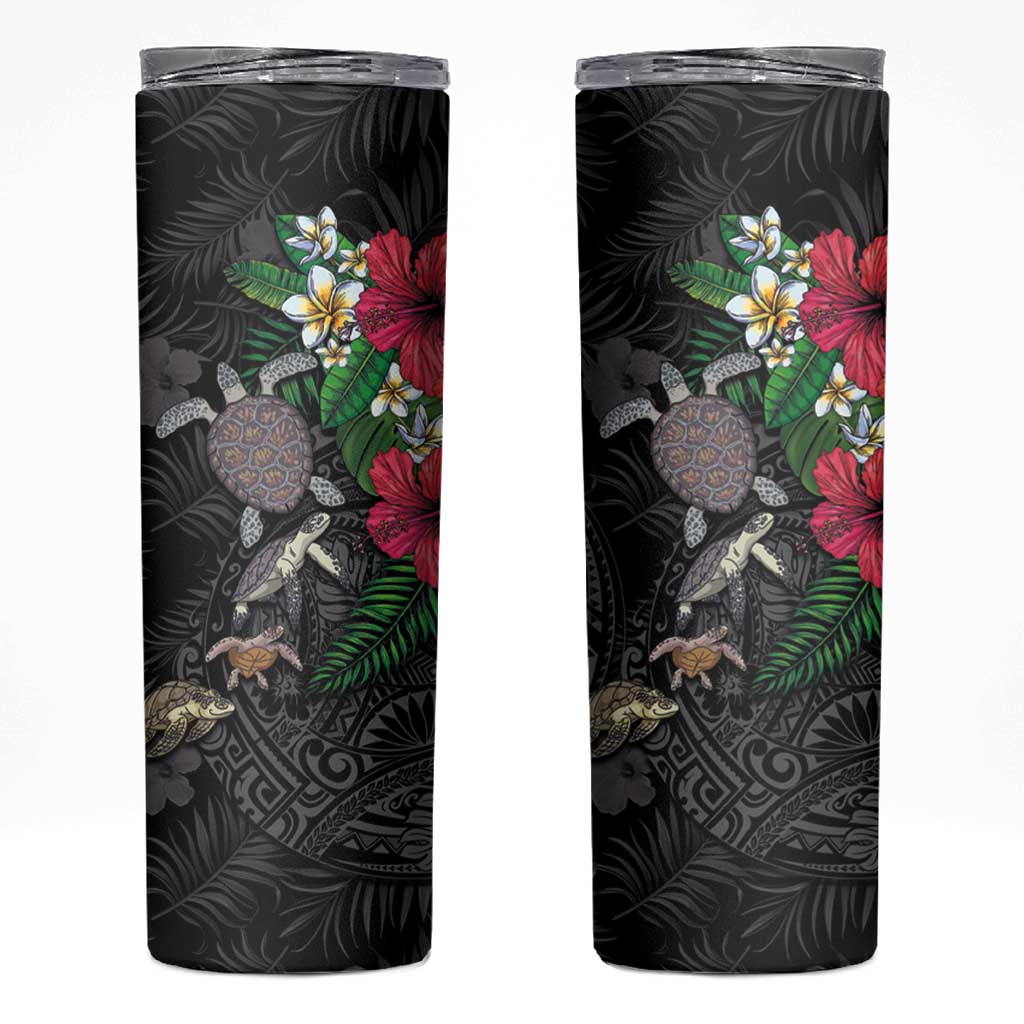 Hawaiian Tropical Plants and Turtles Skinny Tumbler Polynesian Art Motifs LT03 Black - Polynesian Pride