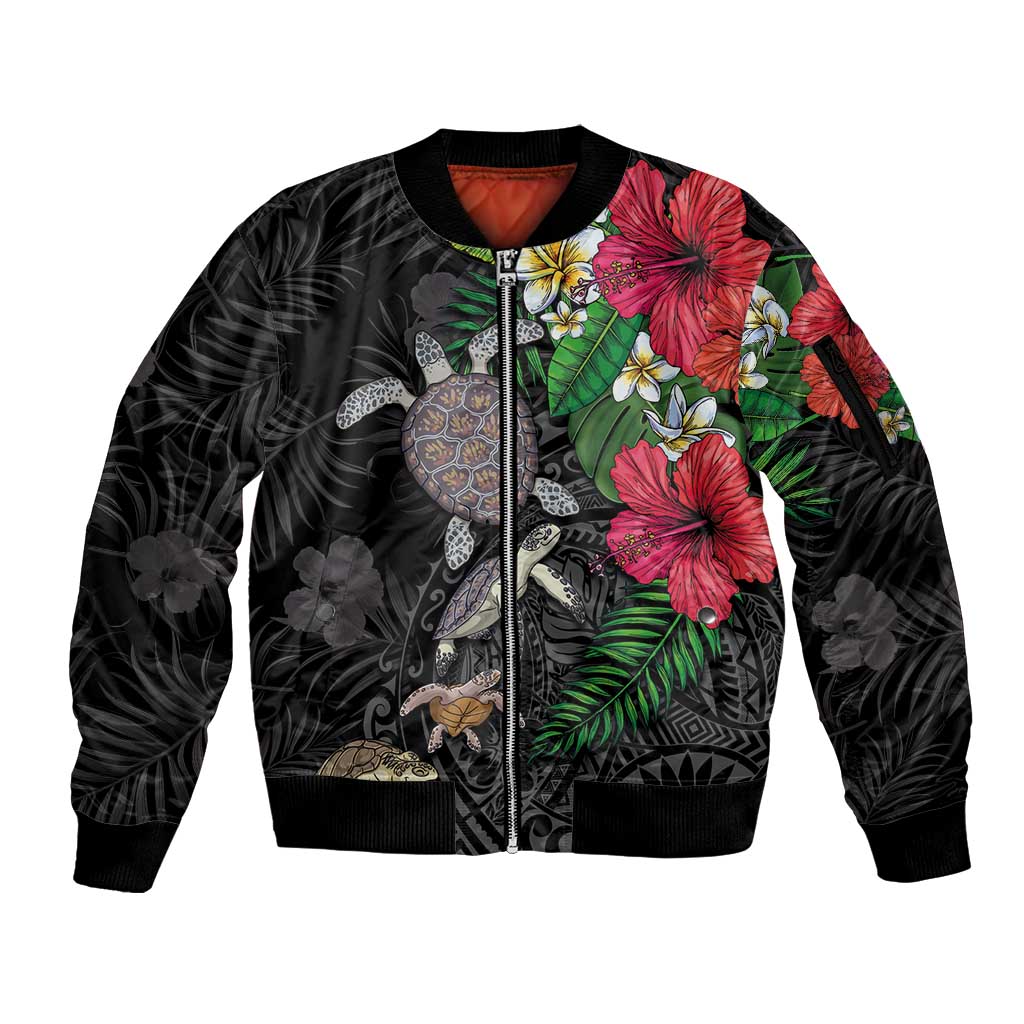 Hawaiian Tropical Plants and Turtles Sleeve Zip Bomber Jacket Polynesian Art Motifs LT03 Unisex Black - Polynesian Pride