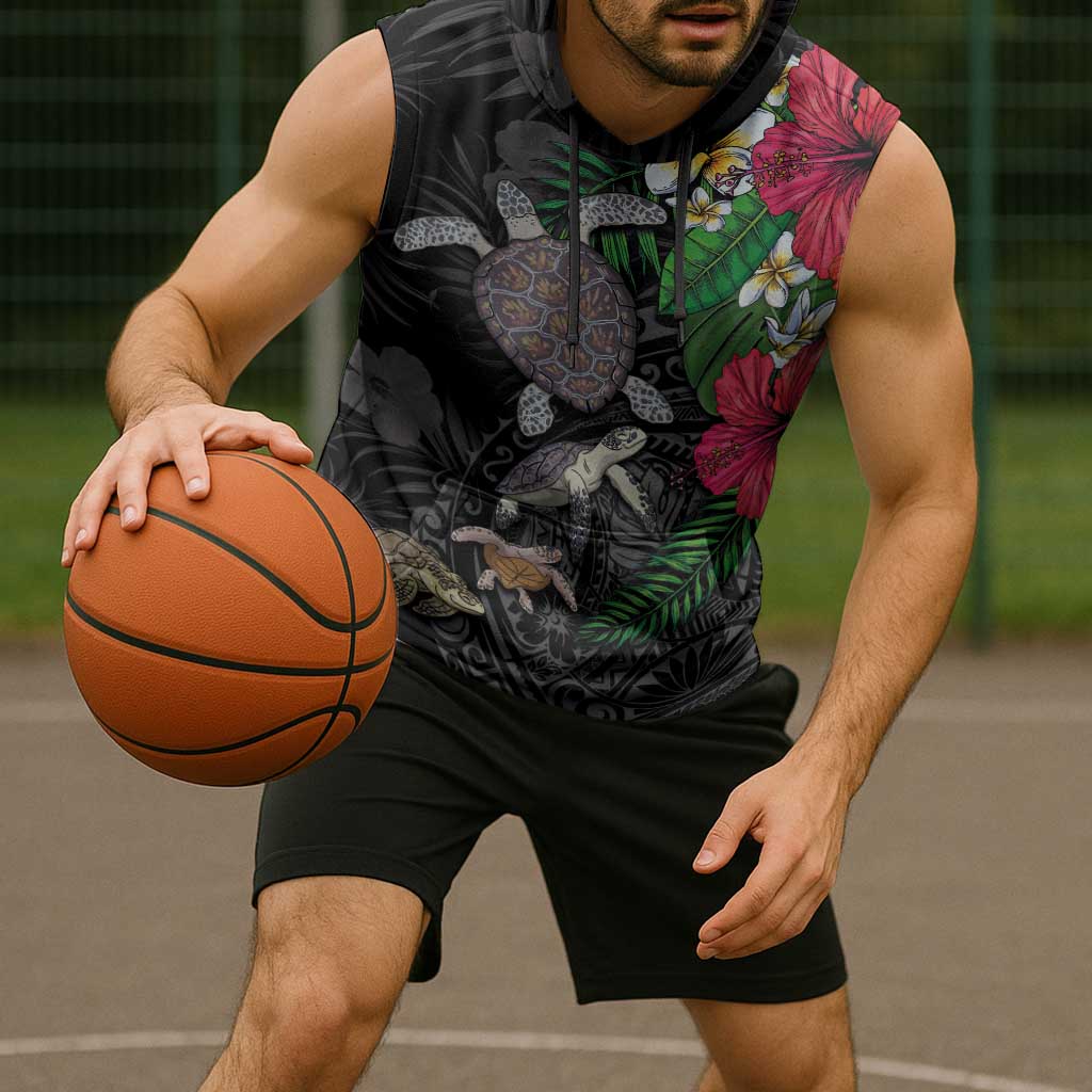 Hawaiian Tropical Plants and Turtles Sleeveless Hoodie Polynesian Art Motifs
