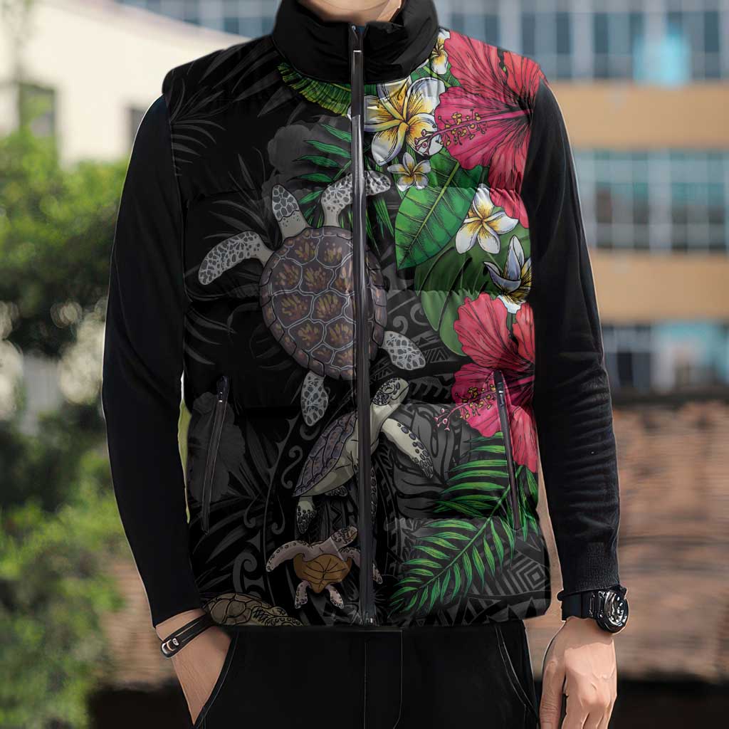 Hawaiian Tropical Plants and Turtles Sleeveless Puffer Jacket Polynesian Art Motifs