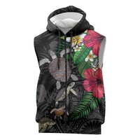 Hawaiian Tropical Plants and Turtles Sleeveless Zip Hoodie Polynesian Art Motifs LT03 Black - Polynesian Pride