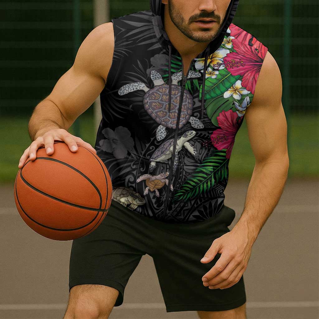 Hawaiian Tropical Plants and Turtles Sleeveless Zip Hoodie Polynesian Art Motifs LT03 - Polynesian Pride