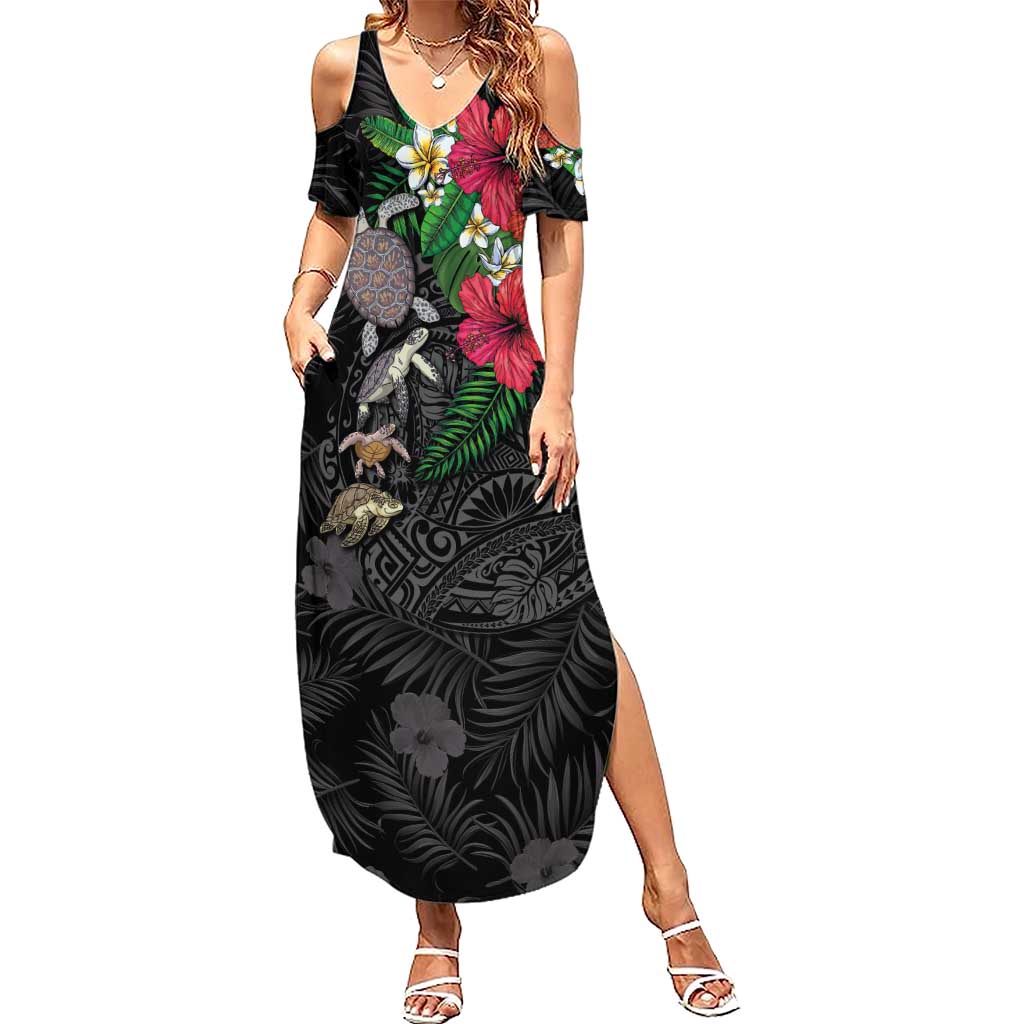 Hawaiian Tropical Plants and Turtles Summer Maxi Dress Polynesian Art Motifs LT03 Women Black - Polynesian Pride