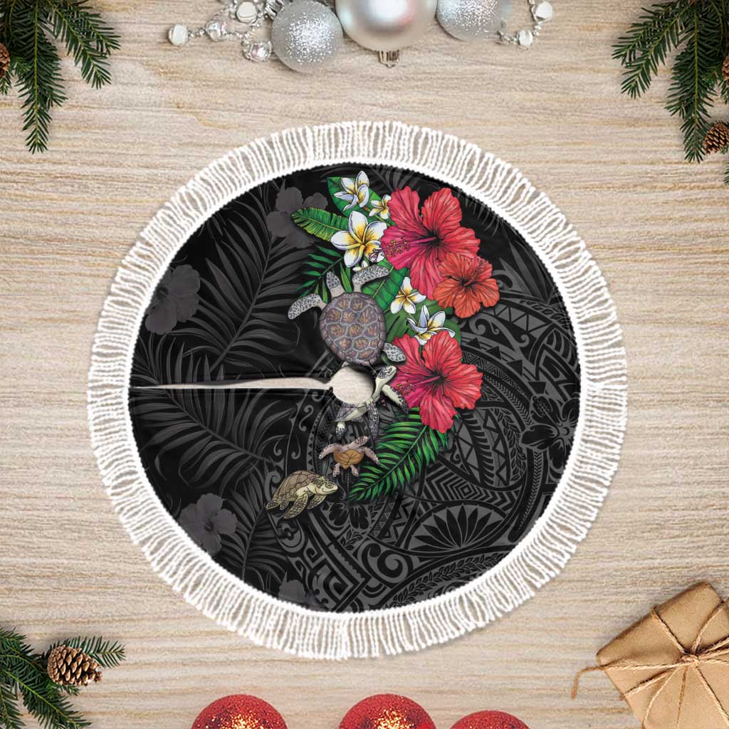 Hawaiian Tropical Plants and Turtles Tree Skirt Polynesian Art Motifs LT03 Fringed Black - Polynesian Pride
