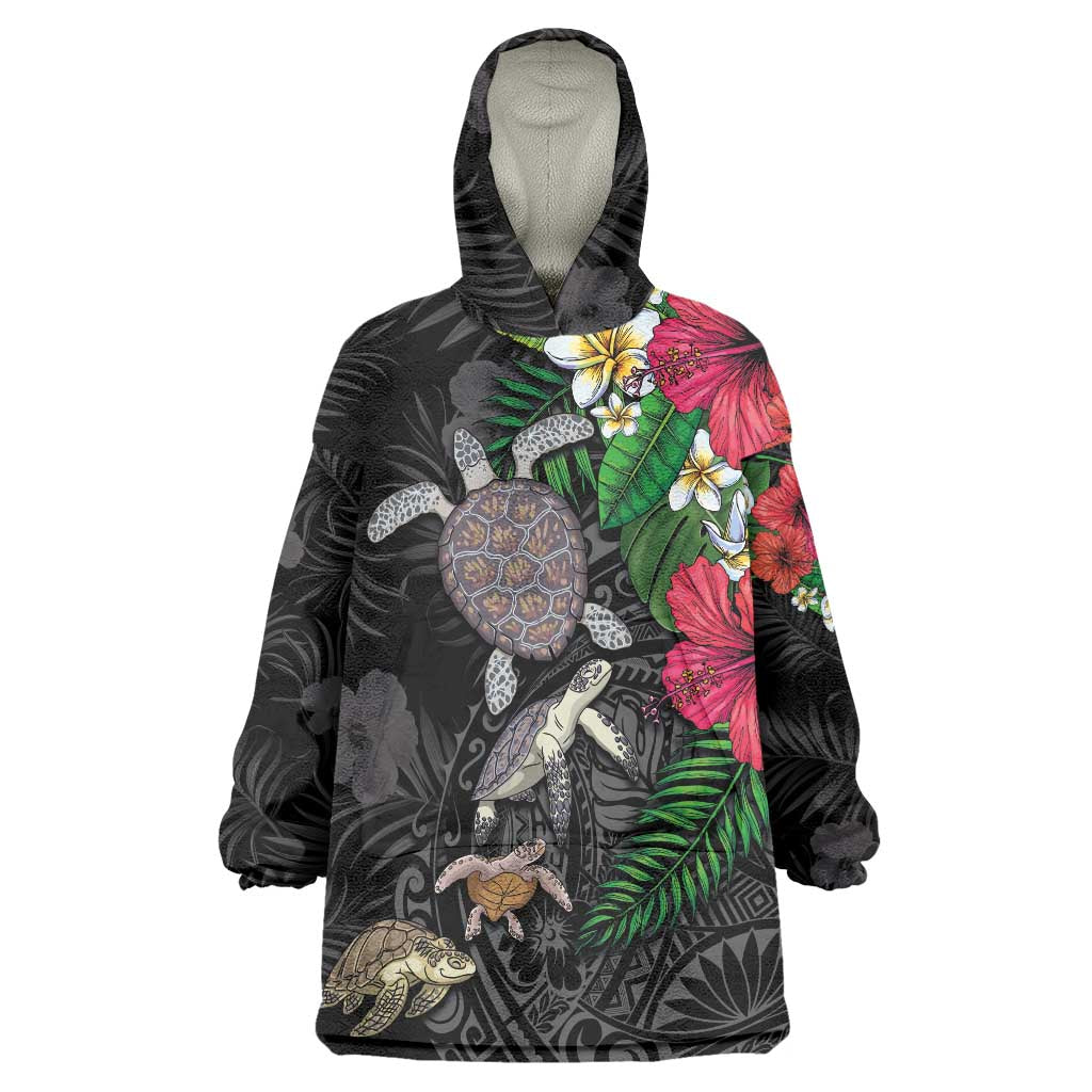 Hawaiian Tropical Plants and Turtles Wearable Blanket Hoodie Polynesian Art Motifs