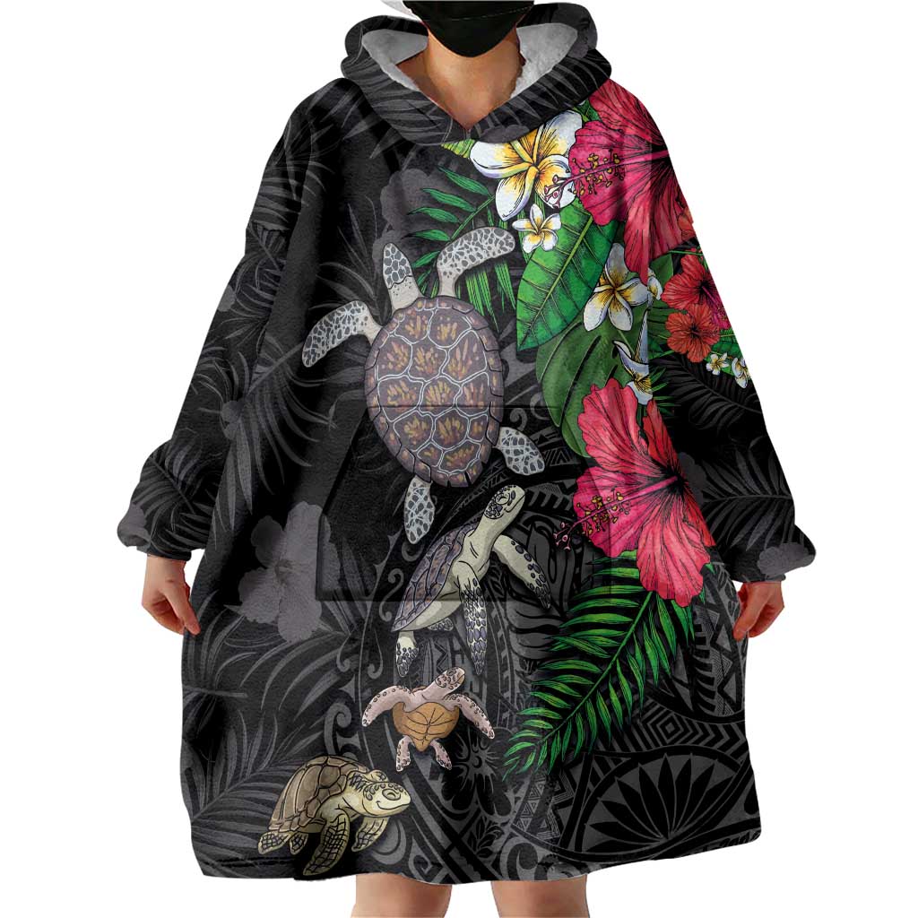 Hawaiian Tropical Plants and Turtles Wearable Blanket Hoodie Polynesian Art Motifs LT03 - Polynesian Pride