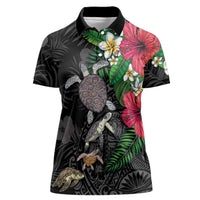 Hawaiian Tropical Plants and Turtles Women Polo Shirt Polynesian Art Motifs LT03 Female Black - Polynesian Pride
