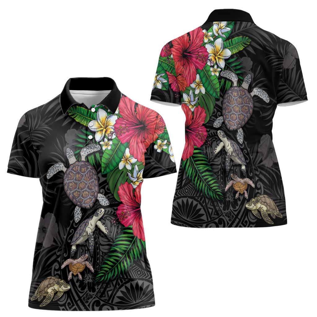 Hawaiian Tropical Plants and Turtles Women Polo Shirt Polynesian Art Motifs LT03 - Polynesian Pride