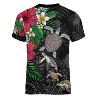 Hawaiian Tropical Plants and Turtles Women V-Neck T-Shirt Polynesian Art Motifs LT03 - Polynesian Pride