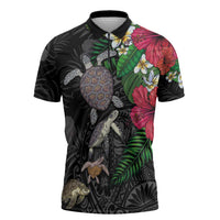 Hawaiian Tropical Plants and Turtles Zipper Polo Shirt Polynesian Art Motifs LT03 Black - Polynesian Pride