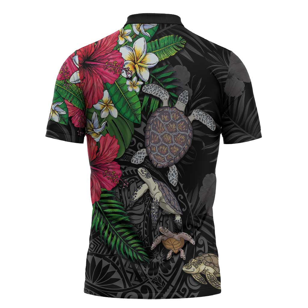 Hawaiian Tropical Plants and Turtles Zipper Polo Shirt Polynesian Art Motifs LT03 - Polynesian Pride