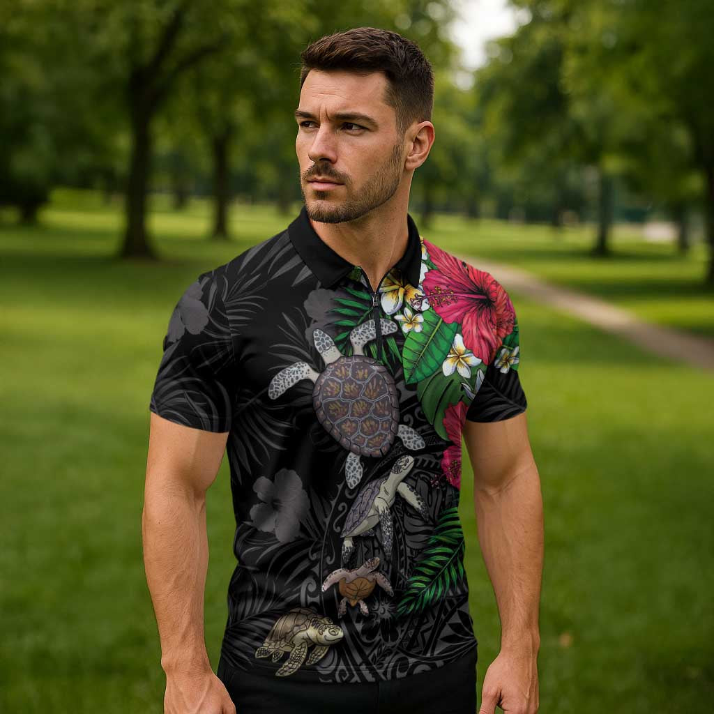 Hawaiian Tropical Plants and Turtles Zipper Polo Shirt Polynesian Art Motifs LT03 - Polynesian Pride