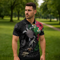 Hawaiian Tropical Plants and Turtles Zipper Polo Shirt Polynesian Art Motifs LT03 - Polynesian Pride