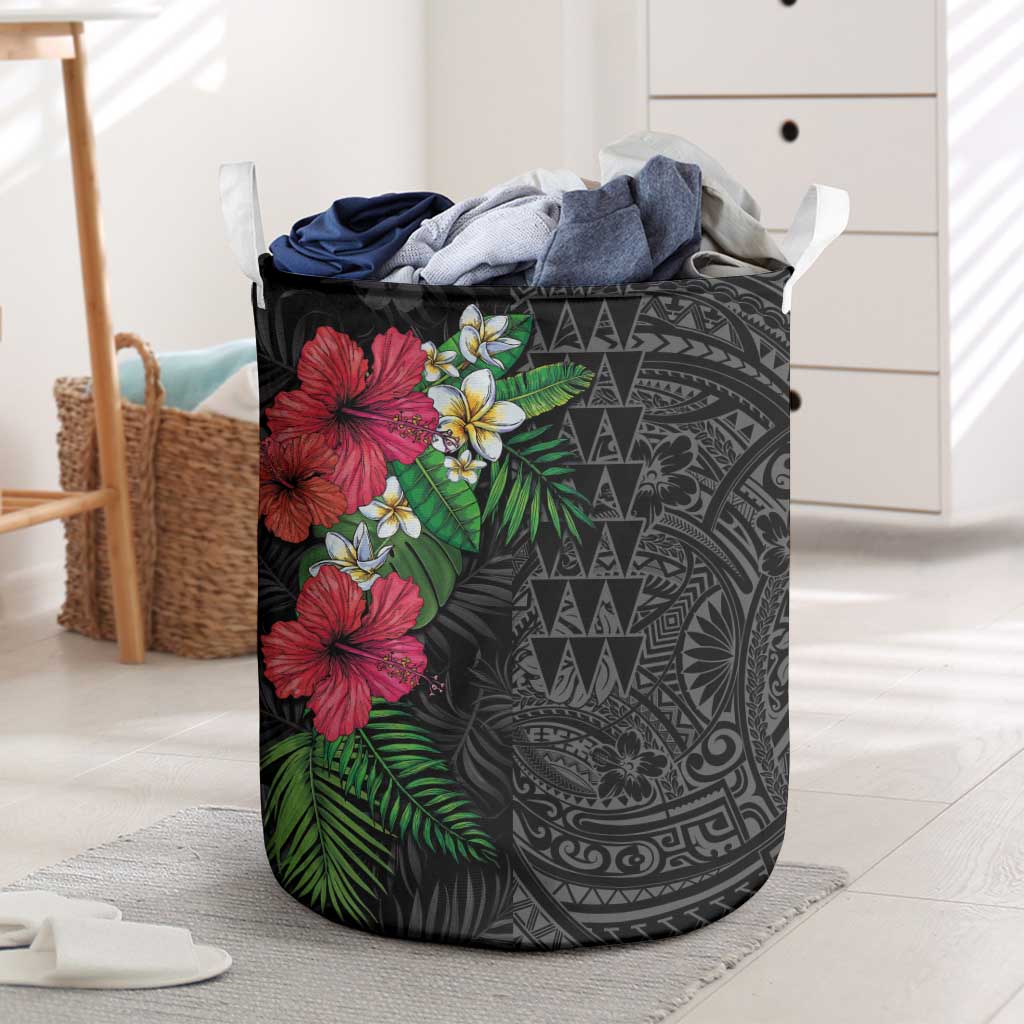 Hawaiian Tropical Plants Laundry Basket Kakau Tattoo and Polynesian Pattern Half Black Color