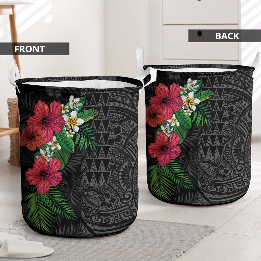 Hawaiian Tropical Plants Laundry Basket Kakau Tattoo and Polynesian Pattern Half Black Color