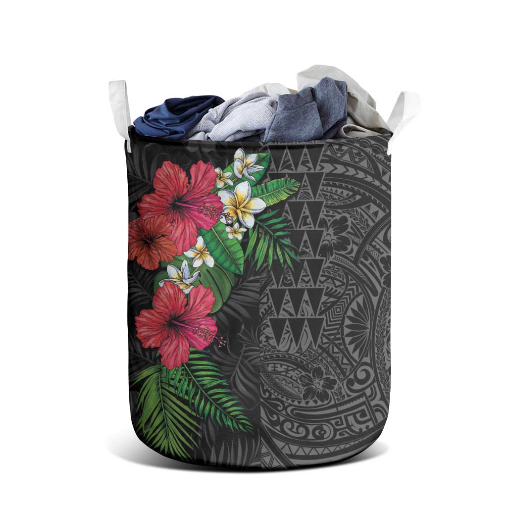 Hawaiian Tropical Plants Laundry Basket Kakau Tattoo and Polynesian Pattern Half Black Color