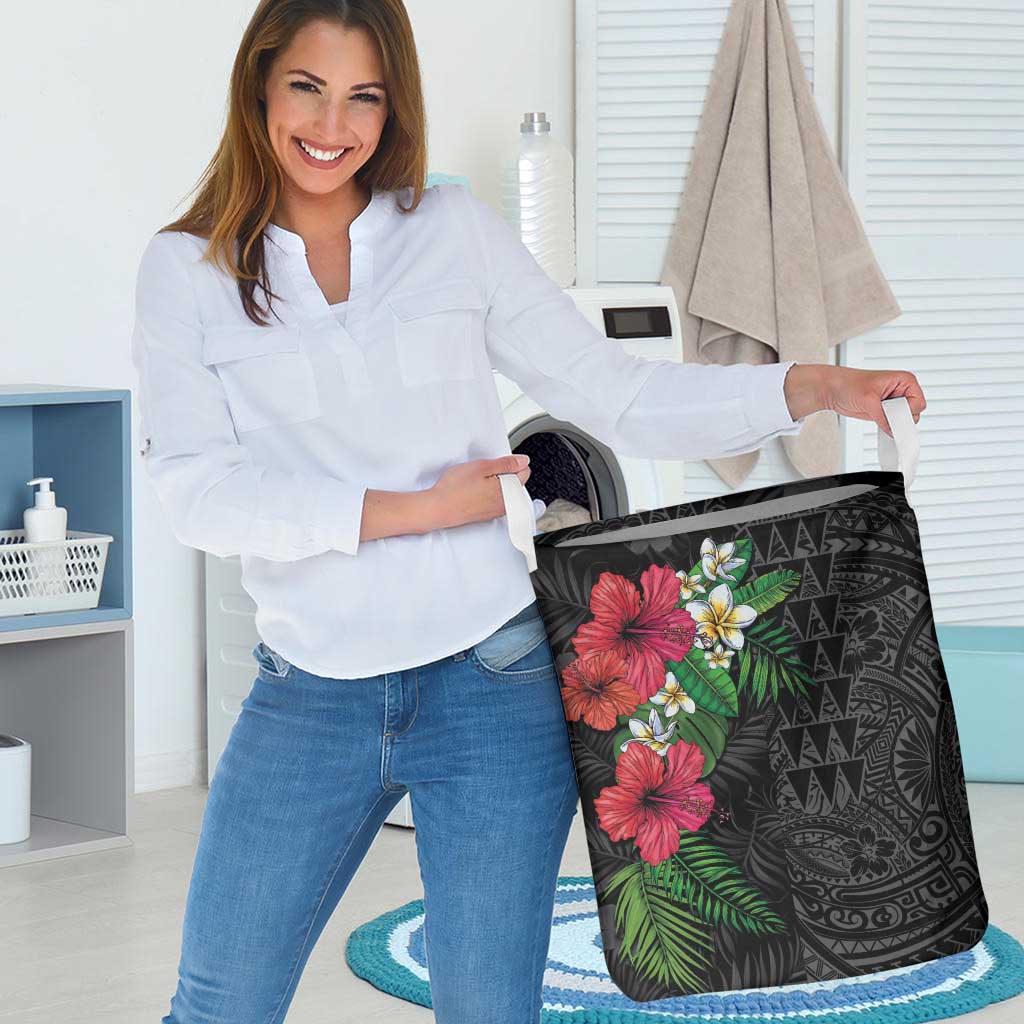 Hawaiian Tropical Plants Laundry Basket Kakau Tattoo and Polynesian Pattern Half Black Color