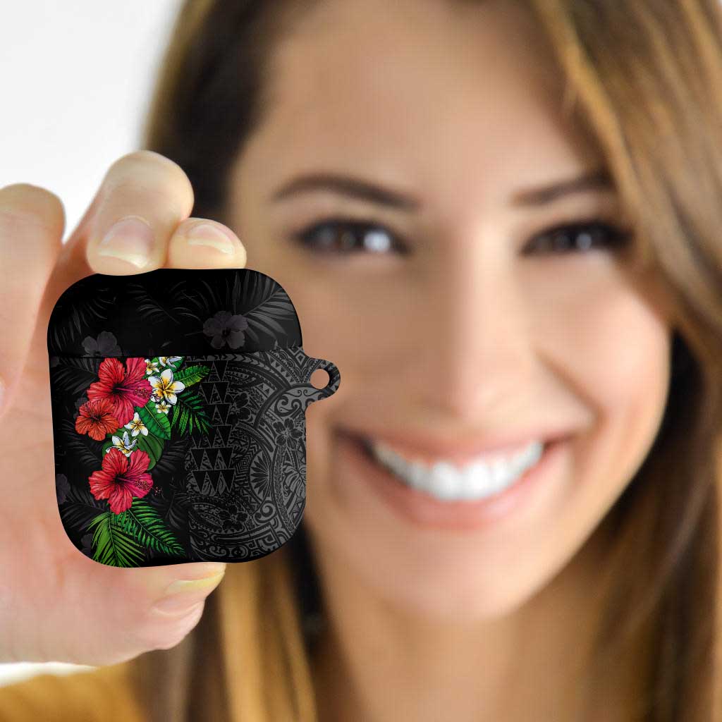 Hawaiian Tropical Plants AirPods Case Kakau Tattoo and Polynesian Pattern Half Black Color