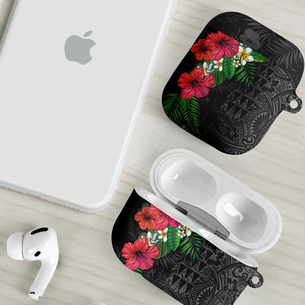 Hawaiian Tropical Plants AirPods Case Kakau Tattoo and Polynesian Pattern Half Black Color