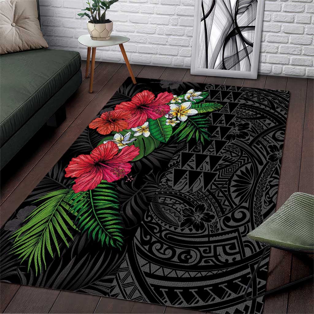 Hawaiian Tropical Plants Area Rug Kakau Tattoo and Polynesian Pattern Half Black Color