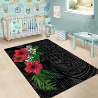 Hawaiian Tropical Plants Area Rug Kakau Tattoo and Polynesian Pattern Half Black Color