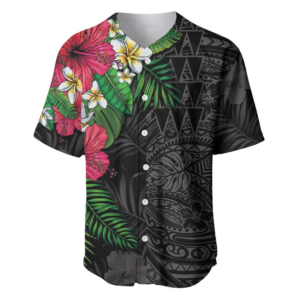 Hawaiian Tropical Plants Baseball Jersey Kakau Tattoo and Polynesian Pattern Half Black Color