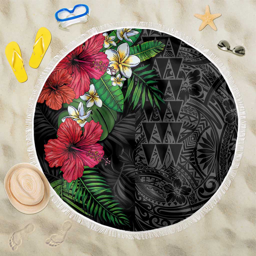 Hawaiian Tropical Plants Beach Blanket Kakau Tattoo and Polynesian Pattern Half Black Color