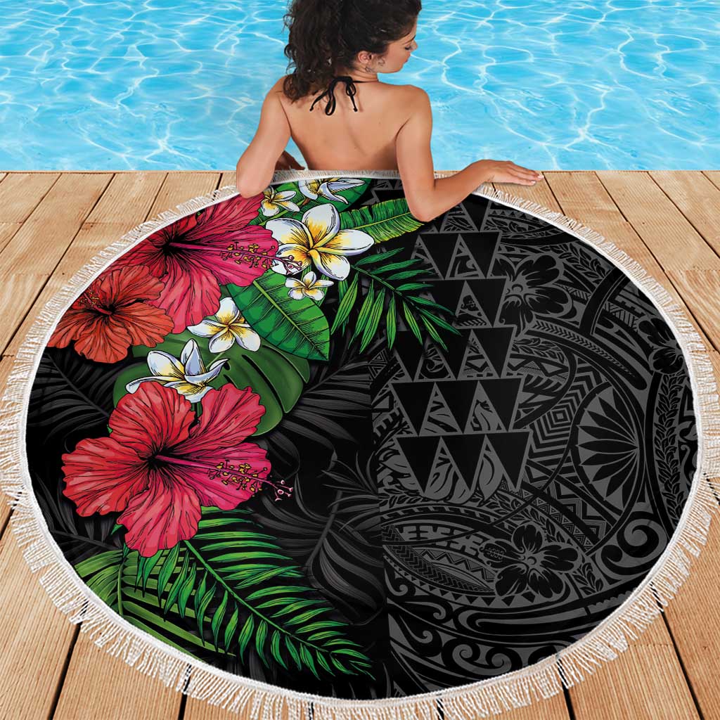 Hawaiian Tropical Plants Beach Blanket Kakau Tattoo and Polynesian Pattern Half Black Color