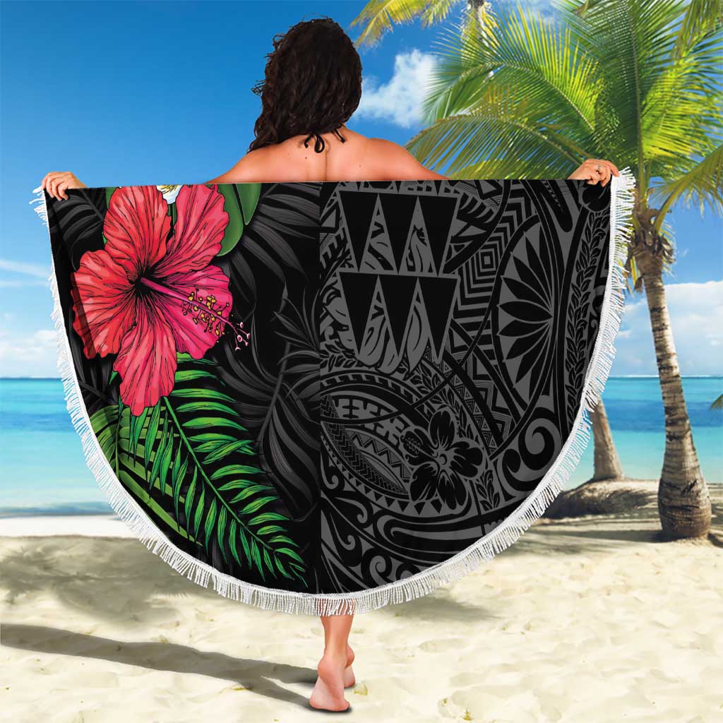 Hawaiian Tropical Plants Beach Blanket Kakau Tattoo and Polynesian Pattern Half Black Color