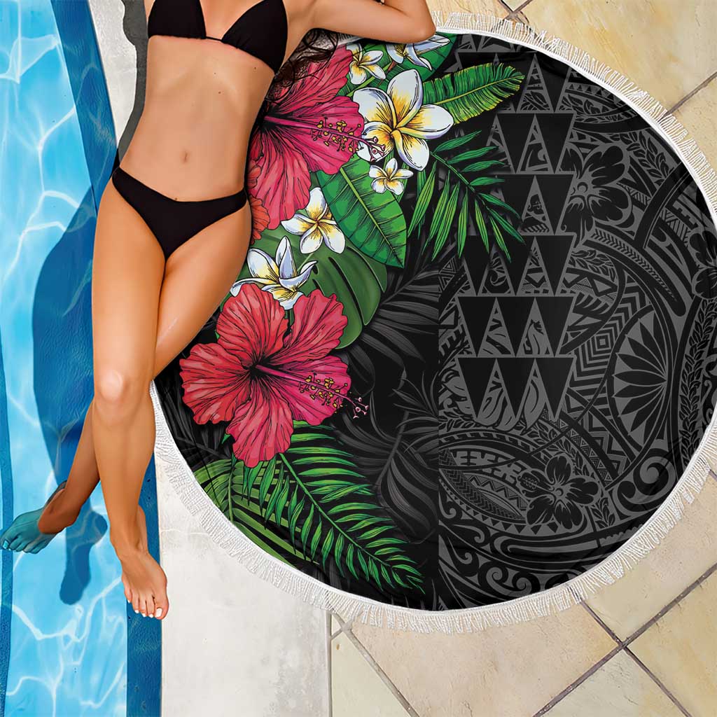 Hawaiian Tropical Plants Beach Blanket Kakau Tattoo and Polynesian Pattern Half Black Color