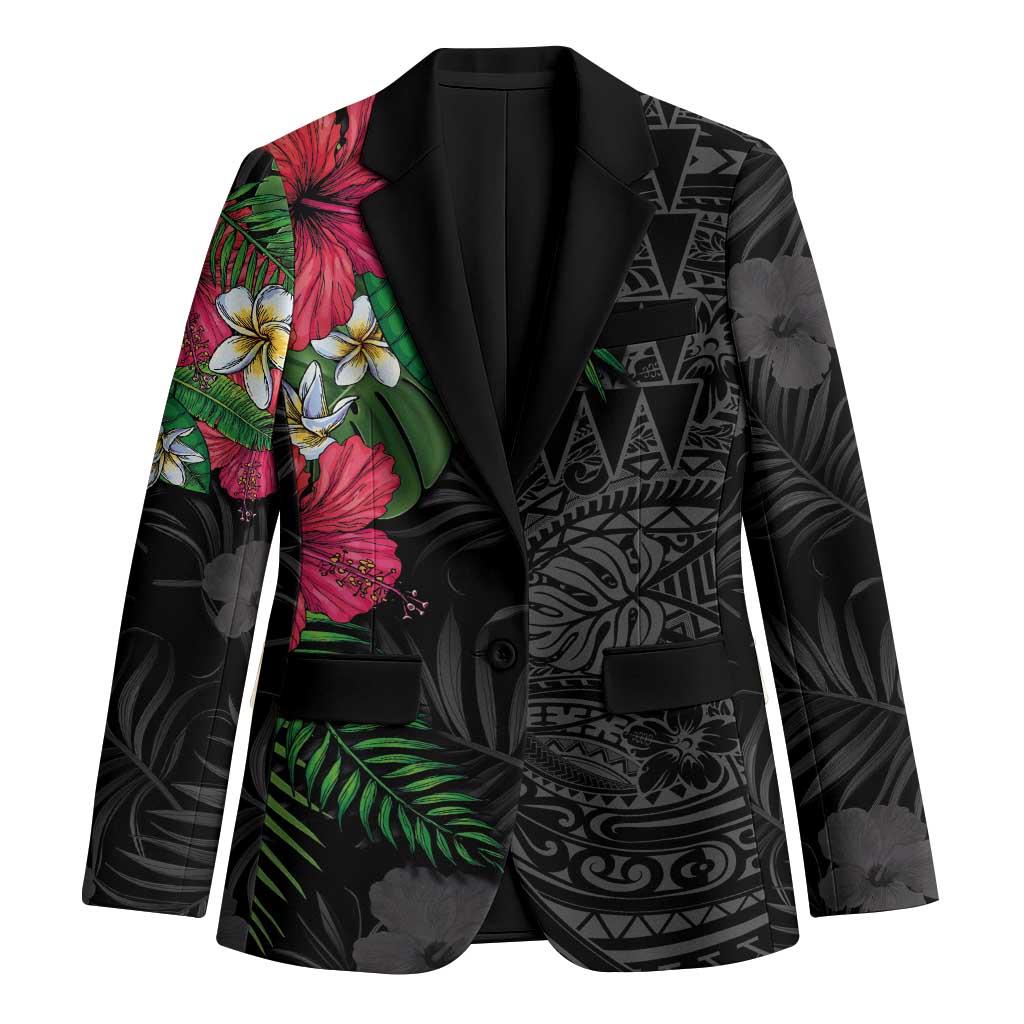 Hawaiian Tropical Plants Blazer Kakau Tattoo and Polynesian Pattern Half Black Color