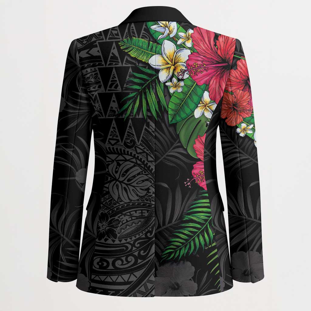 Hawaiian Tropical Plants Blazer Kakau Tattoo and Polynesian Pattern Half Black Color