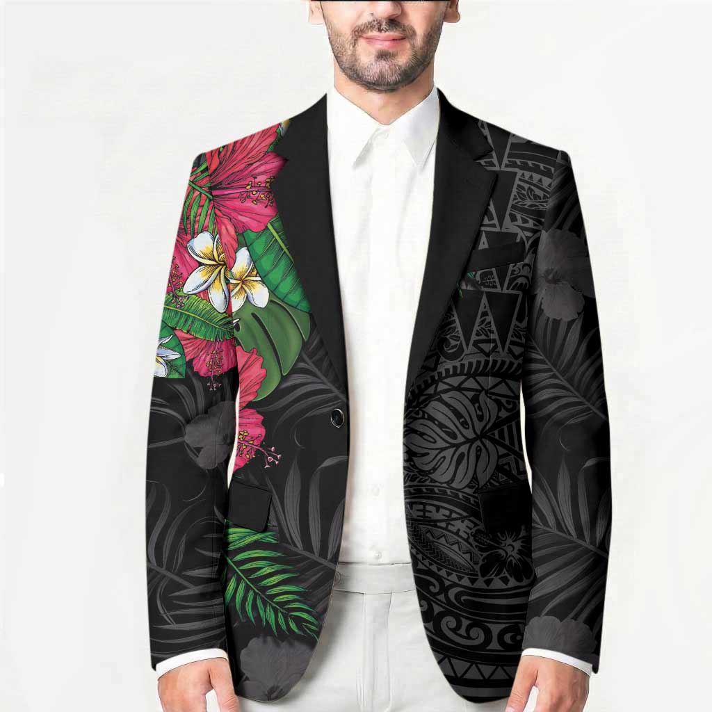 Hawaiian Tropical Plants Blazer Kakau Tattoo and Polynesian Pattern Half Black Color