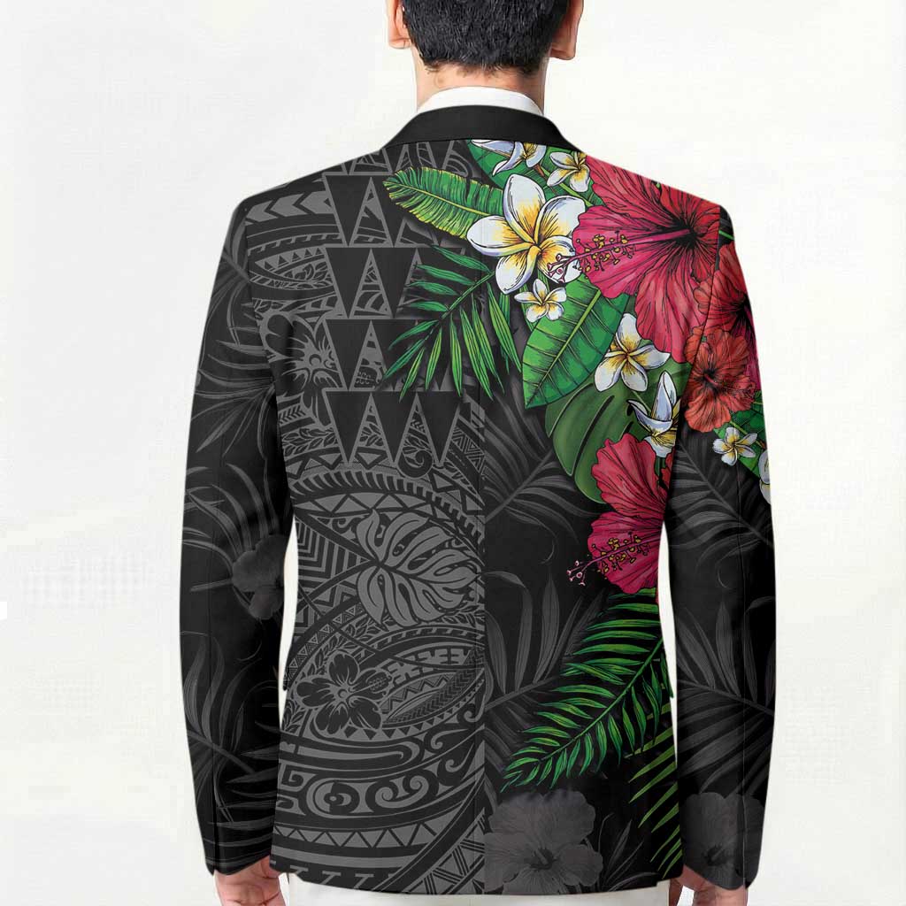 Hawaiian Tropical Plants Blazer Kakau Tattoo and Polynesian Pattern Half Black Color