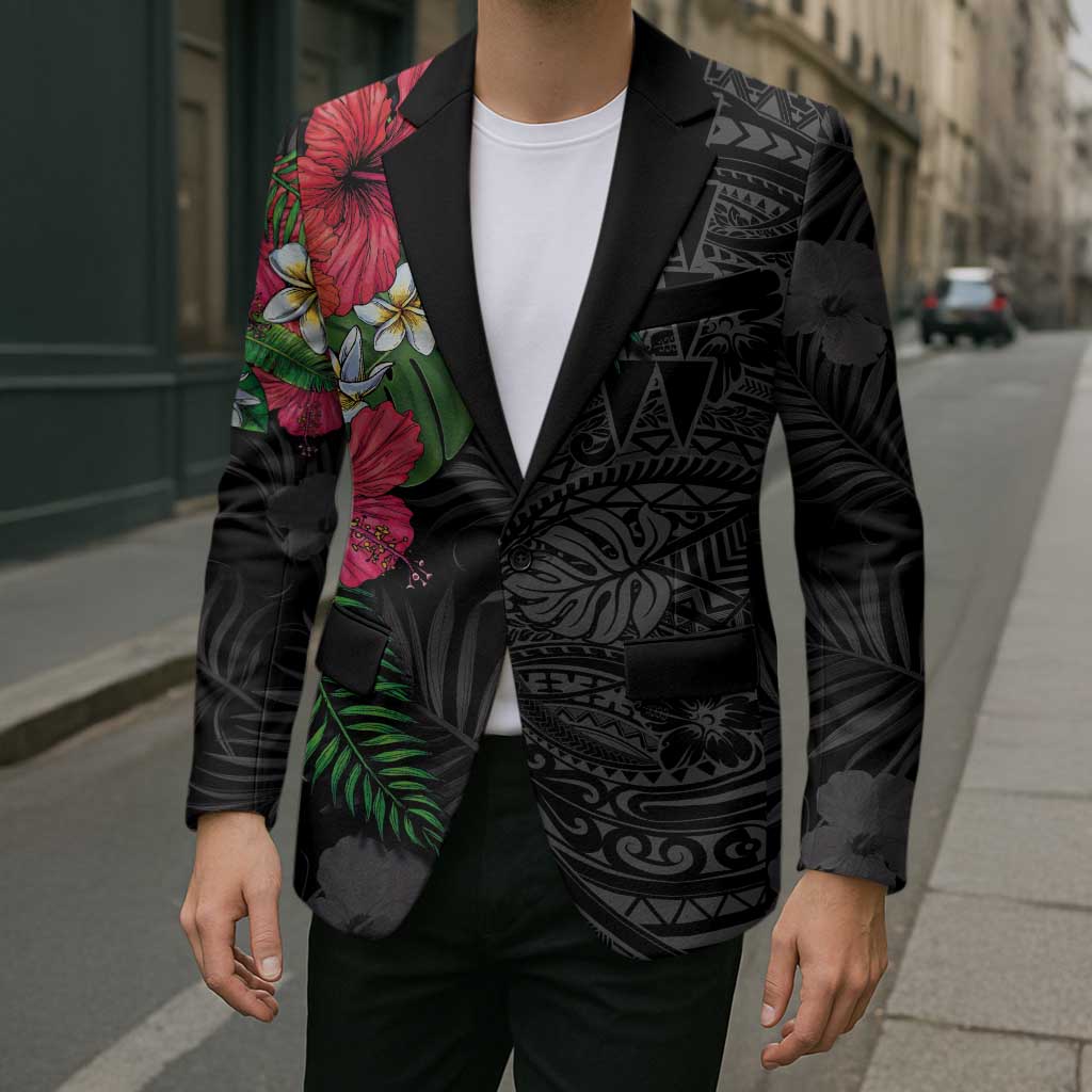 Hawaiian Tropical Plants Blazer Kakau Tattoo and Polynesian Pattern Half Black Color