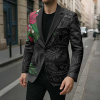 Hawaiian Tropical Plants Blazer Kakau Tattoo and Polynesian Pattern Half Black Color
