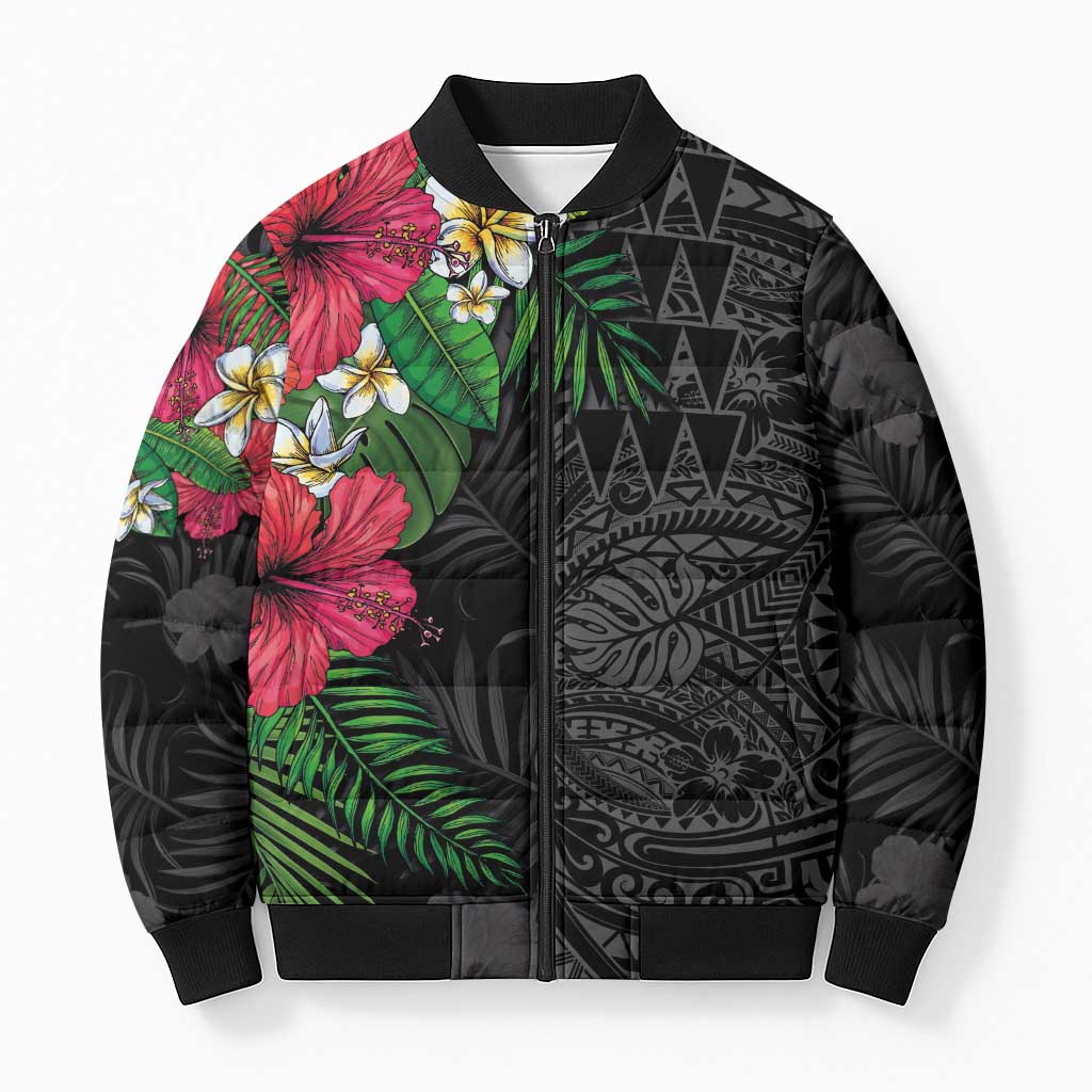 Hawaiian Tropical Plants Bomber Puffer Jacket Kakau Tattoo and Polynesian Pattern Half Black Color